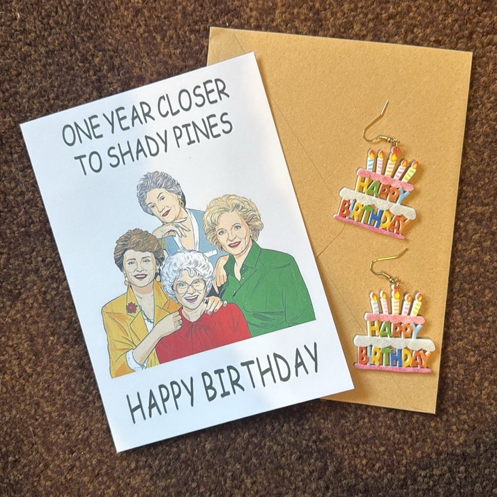 New- card & gold tone earrings Golden Girls Happy Birthday bundle